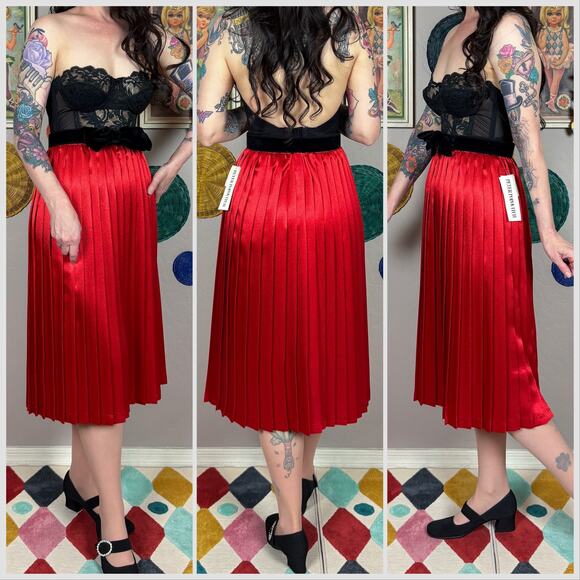 Vintage 1980s Red Satin High Waist Accordion Pleated Skirt - Picture 3 of 7